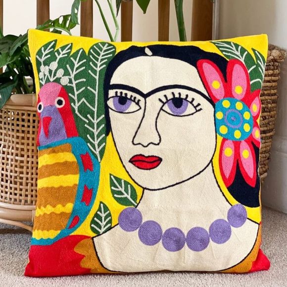 Frida Kahlo Embroidered Yellow Bohemian Pillow Cover 18x18 - Picture 4 of 6